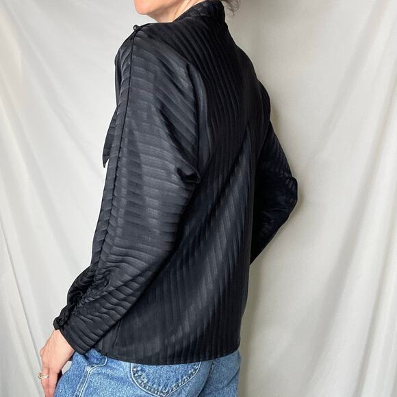 Vintage‎ 90s tie neck bow blouse black striped satin jacquard long sleeve M - Picture 3 of 16